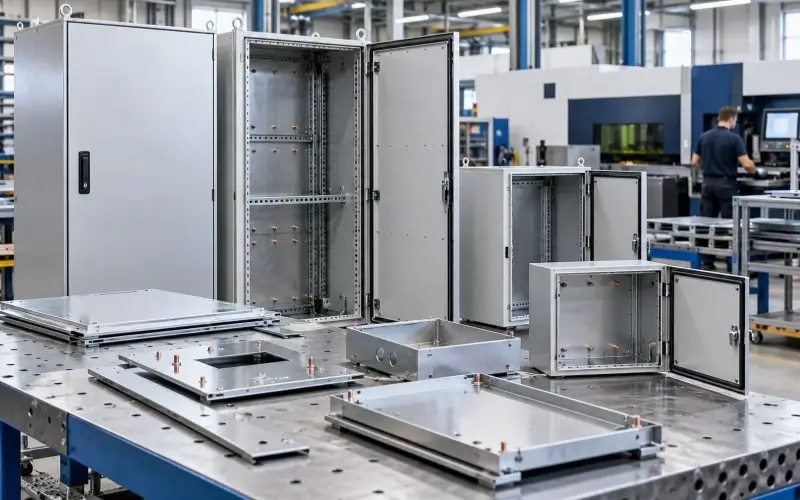 Sheet metal electrical enclosures and metal cabinet components displayed in an industrial manufacturing workshop.