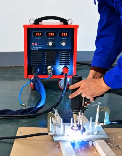 Technician performing a welding test with an industrial stud welding machine and welding gun before shipment.