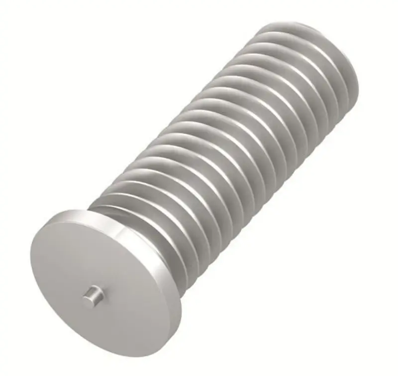 Stainless steel CD threaded weld stud with ignition tip for capacitor discharge stud welding.