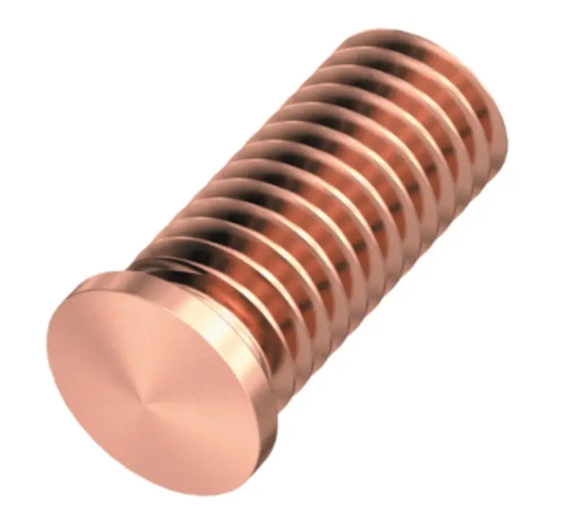 Copper plated steel short cycle weld stud for fast automated automotive and sheet metal welding.