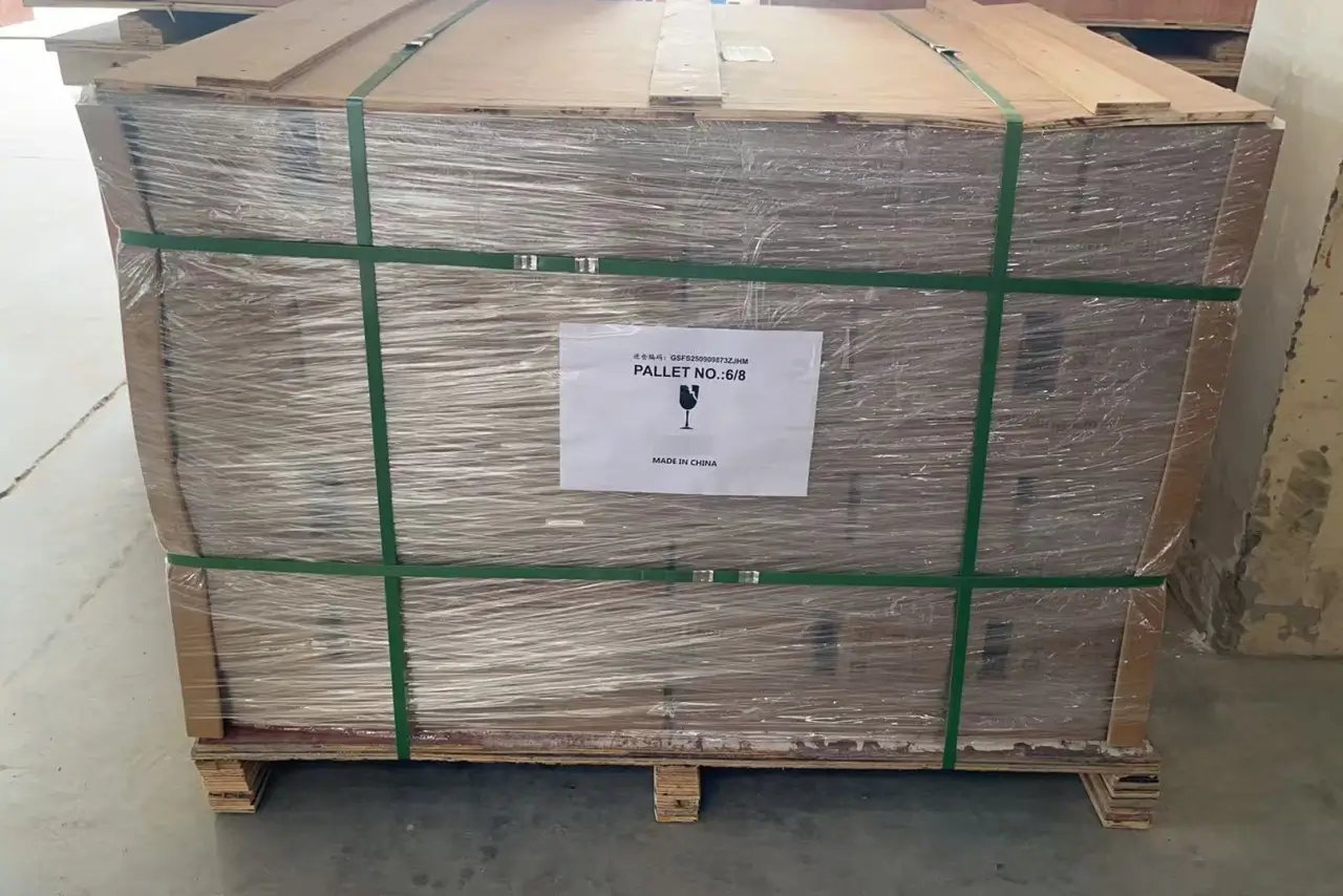 Heavy-duty wooden pallet packaging for shear studs connectors with plastic wrap, corner protectors, and shipping mark