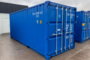 Blue sea freight container prepared for bulk weld stud export and ocean transport.