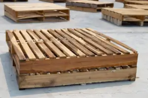 Solid wooden pallets configured for secure stacking and transport of weld stud boxes.