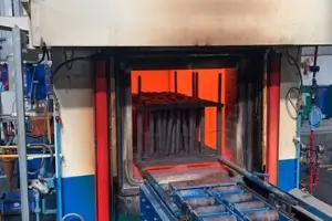 Industrial heat treatment furnace process to enhance tensile strength and mechanical properties of weld studs.