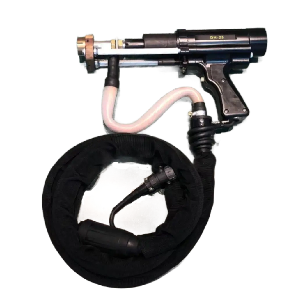 Heavy-duty DH-25 drawn arc stud welding gun with integrated power cable and ground assembly for industrial M3 to M32 fastening.